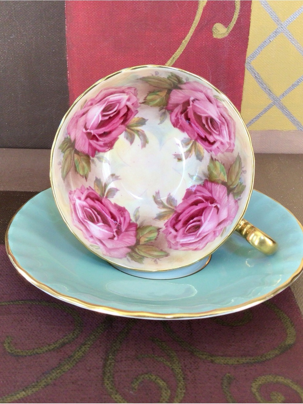 Aynsley Cabbage Rose Border Green Teacup And Saucer
